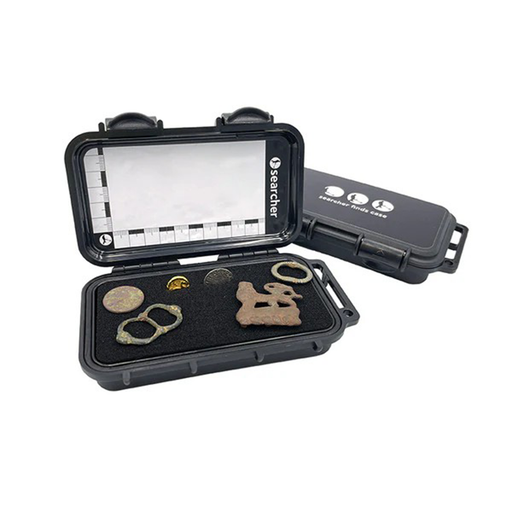 Black metal detector finds cases with a white background