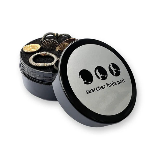 Black and silver container with jewelry and 'searcher finds pod' text on a white background