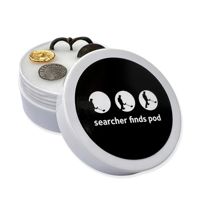 Container with coins and a lid labeled 'searcher finds pod' on a white background