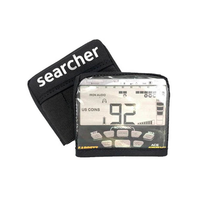 Metal detector with 'searcher' branded cover on a white background