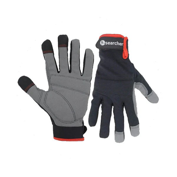 Searcher black detecting gloves on a white background