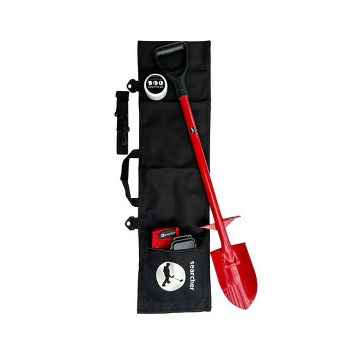 Red shovel with black carrying bag on a white background