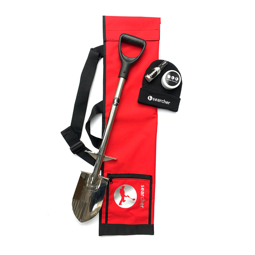 Metal detecting shovel with red carrying case and spade on a white background