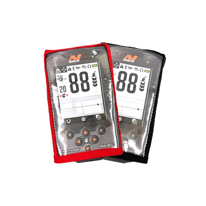 Two digital devices with screens displaying numbers, encased in red and black protective covers on a white background.