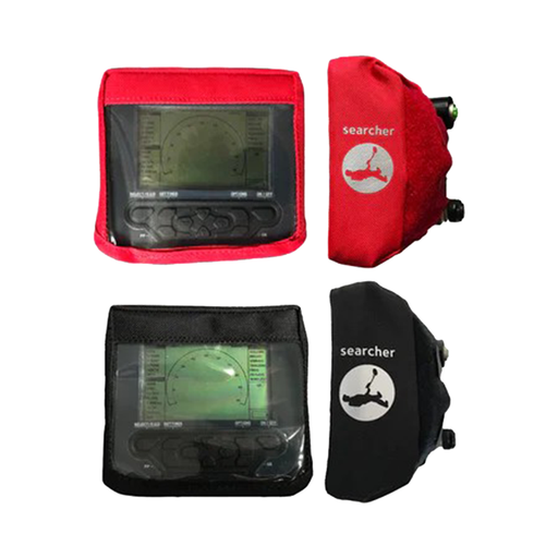 two metal detectors with red and black control covers