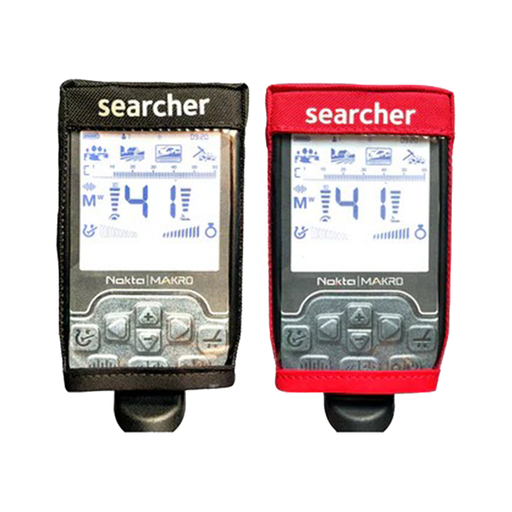 Two electronic devices labeled 'searcher' with digital displays on a white background.