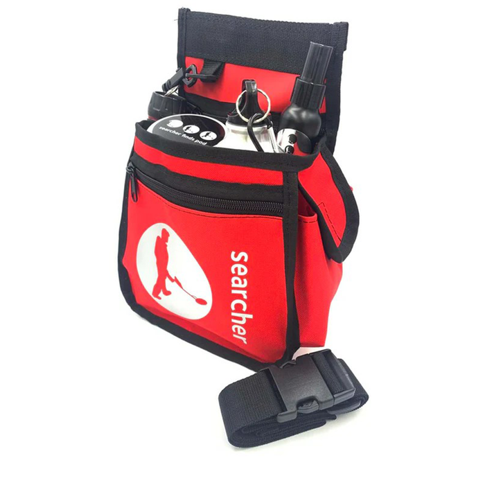 Red and black waist pack with 'searcher' branding on a white background
