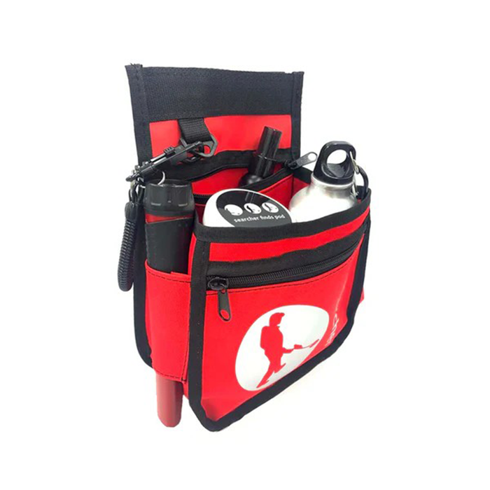 Red and black pouch with a logo on a white background