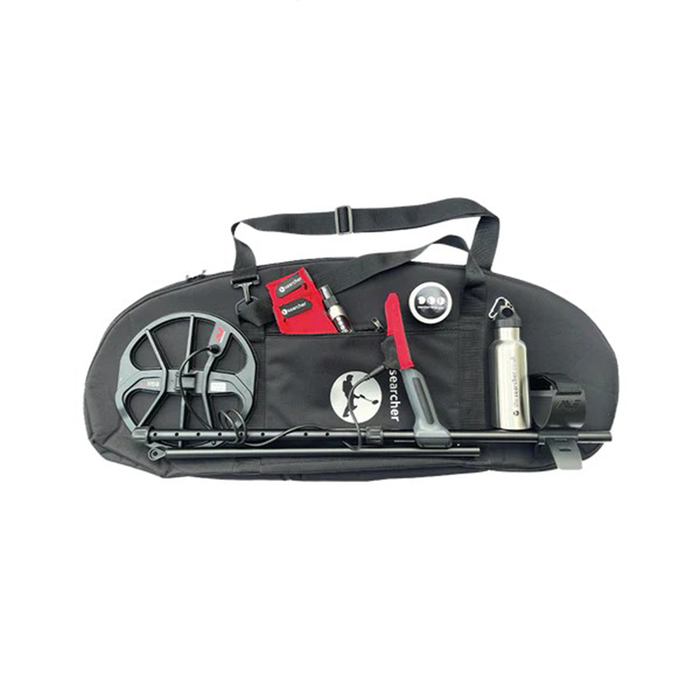 Black metal detecting bag with various components on a white background