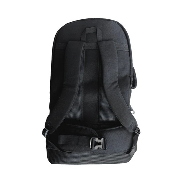 Black backpack on a white background