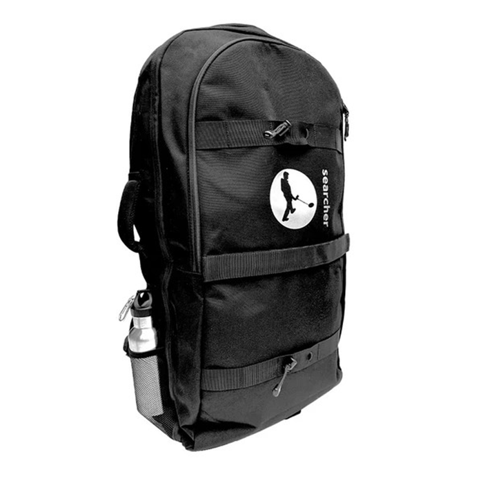 Black backpack with a logo and text on a white background