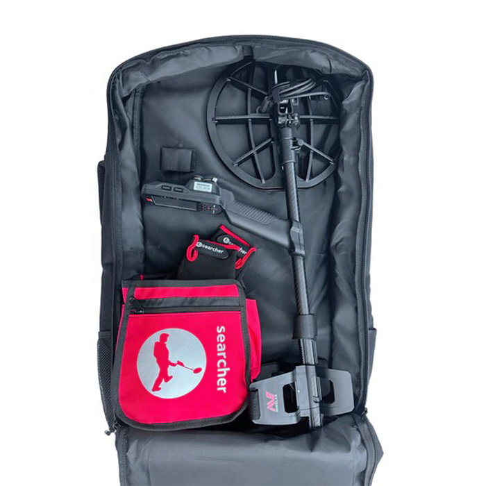 Backpack with metal detector and accessories on a white background
