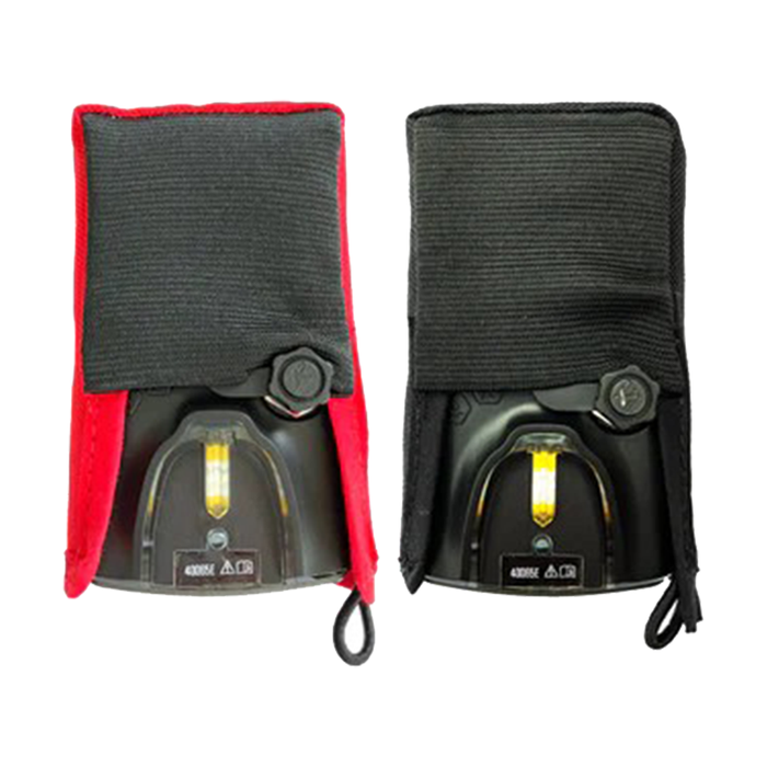 Two black metal detectors with red and black covers on a white background