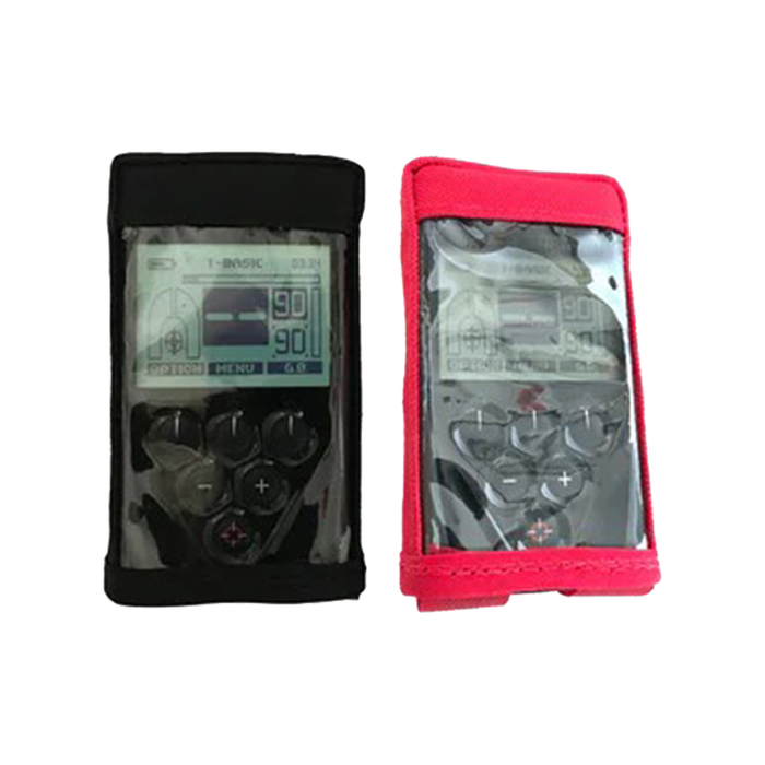 two metal detectors with black and red covers on a white background