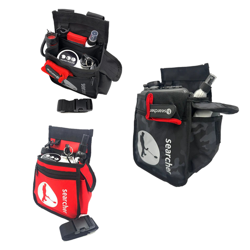 Black and red tool bags with various tools on a white background