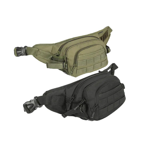 one black and one olive waist bag on a white background