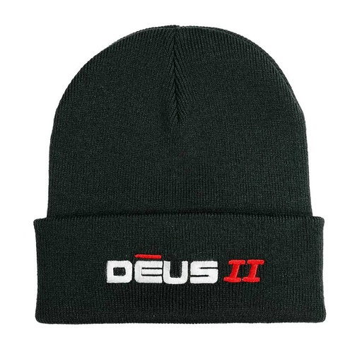 Black beanie hat with text that says 'Deus II' on a white background