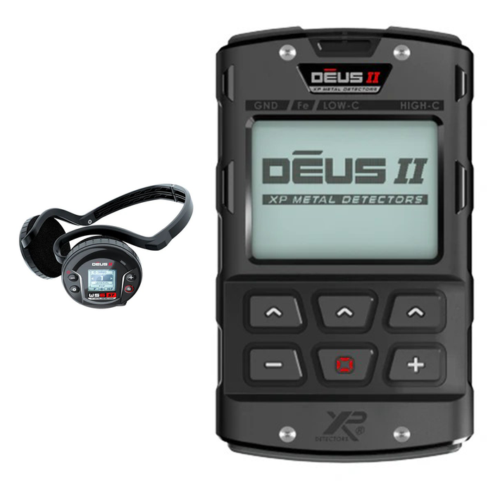 Metal detector with screen and control panel on a white background