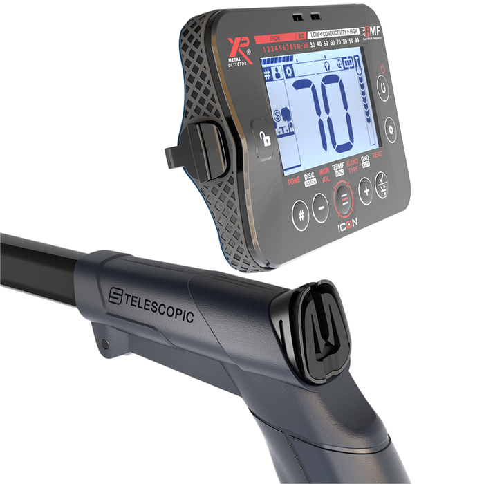 Digital display on a telescopic handlebar with visible branding on a white background