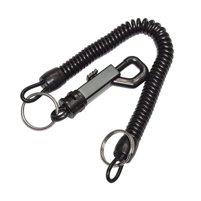 Black keychain with coiled spring and metal clip on a white background
