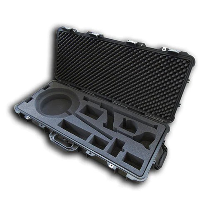 Black protective case with foam interior on a white background