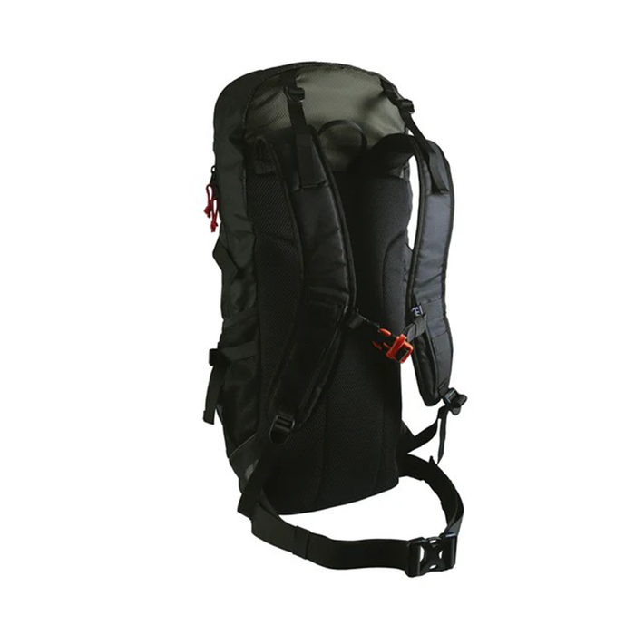 Black backpack with visible straps on a white background