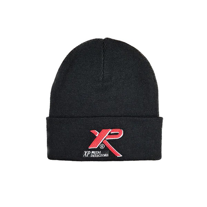 Black beanie with XP Metal Detectors logo on a white background