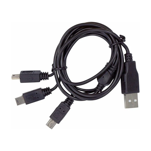 Coiled USB cable with multiple connectors on a white background