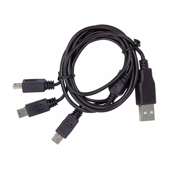 Coiled USB cable with multiple connectors on a white background