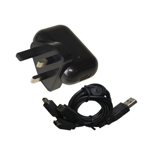 Black power adapter with UK plug and USB cable on a white background