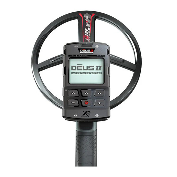 Metal detector with 'Deus II' branding on a white background