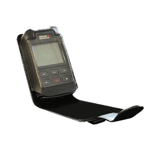 Black leather case with a screen and buttons on a white background