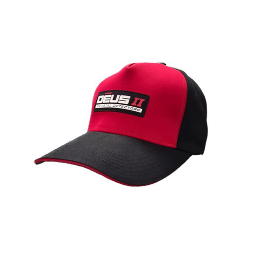 Red and black cap with 'Deus II XP Metal Detectors' logo on a white background