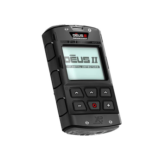 Black metal detector remote with 'Deus II' branding on a white background