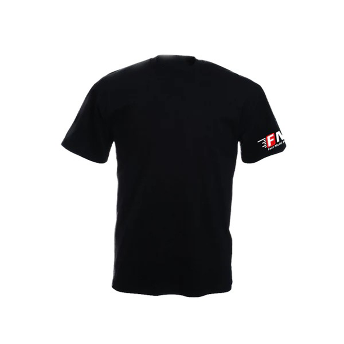 Black t-shirt with a logo on the sleeve against a white background