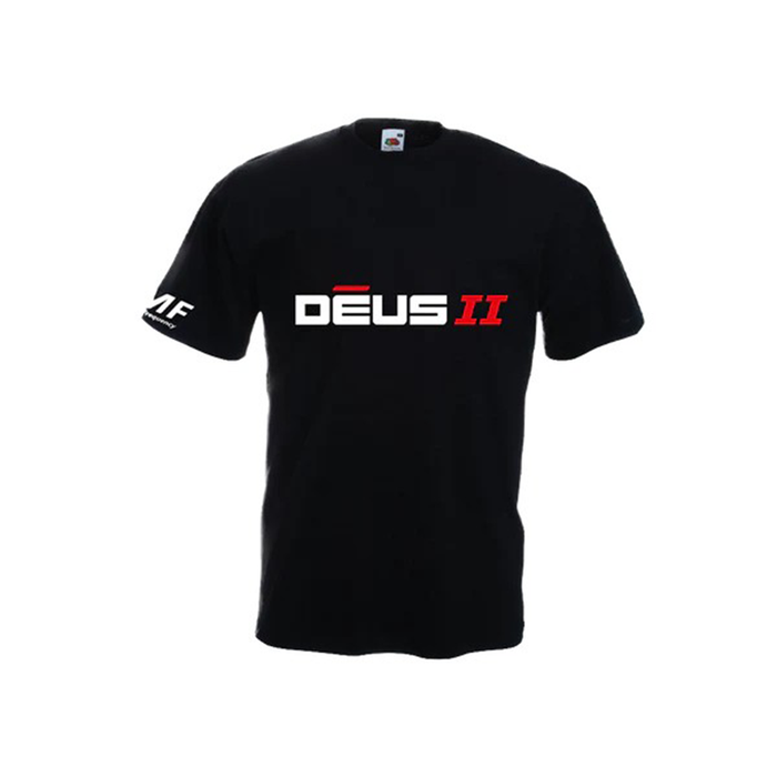 Black t-shirt with 'DEUS II' logo on a white background