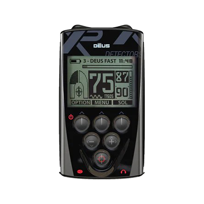Black metal detector remote with digital display on a white background