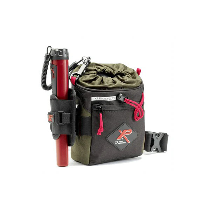 Green and black metal detecting bag with red handle on a white background