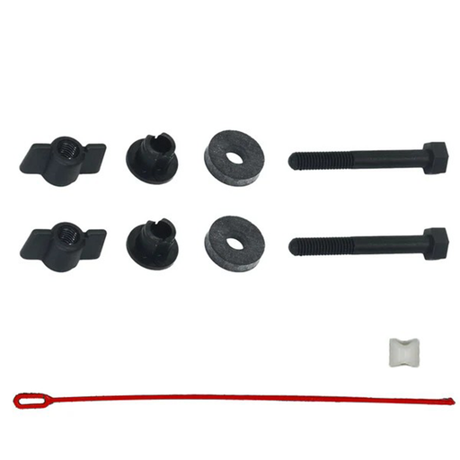 Set of black mechanical parts and a red cable tie on a white background
