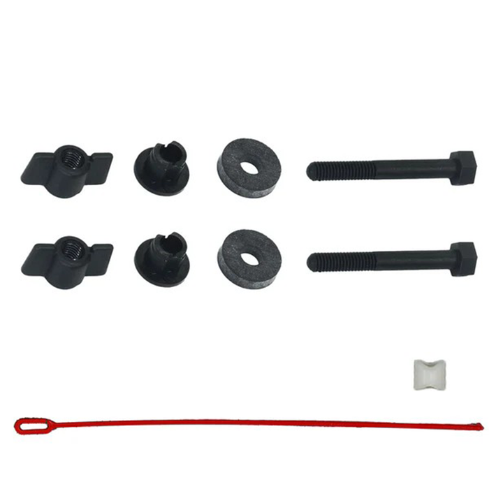 Set of black mechanical parts and a red cable tie on a white background