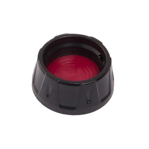Black plastic cap with a red interior on a white background