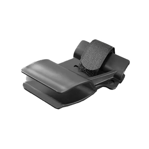 Black pinpointer stem clip with textured surface on a white background