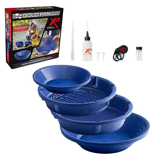 XP Gold Pan set with packaging, tools, and accessories on a white background