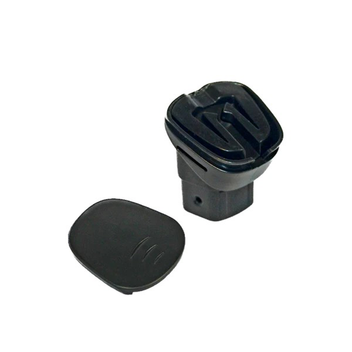 Two black plastic components on a white background