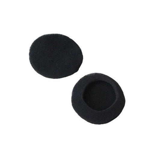 Two black foam earbud tips on a white background