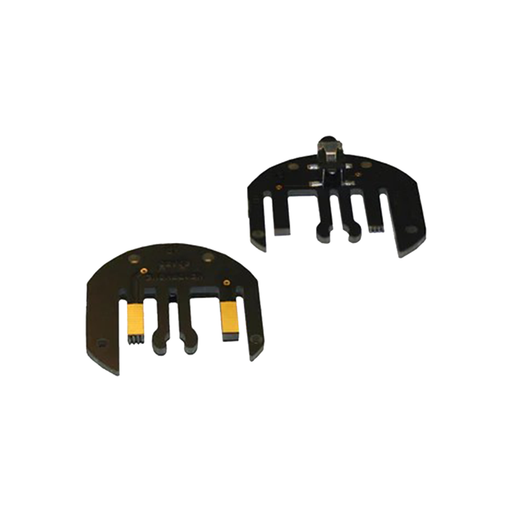 Two black metal clips with yellow accents on a white background