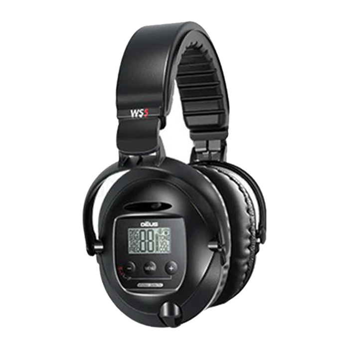 Black over-ear headphones with digital display on a white background