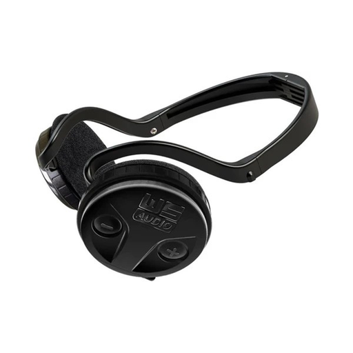 Black headphones with a brand logo on a white background