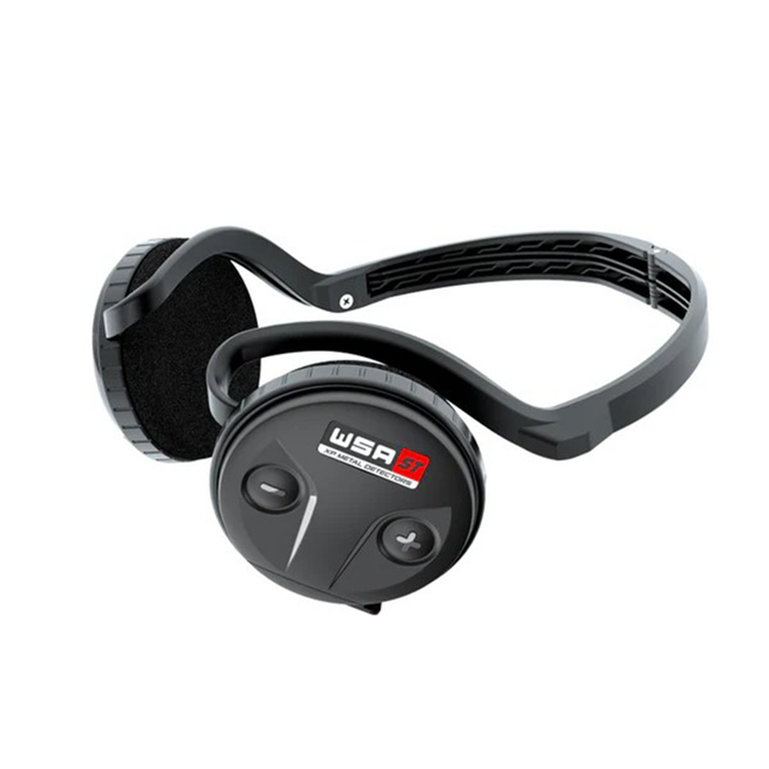 Black wireless earbud headset with WSA logo on a white background