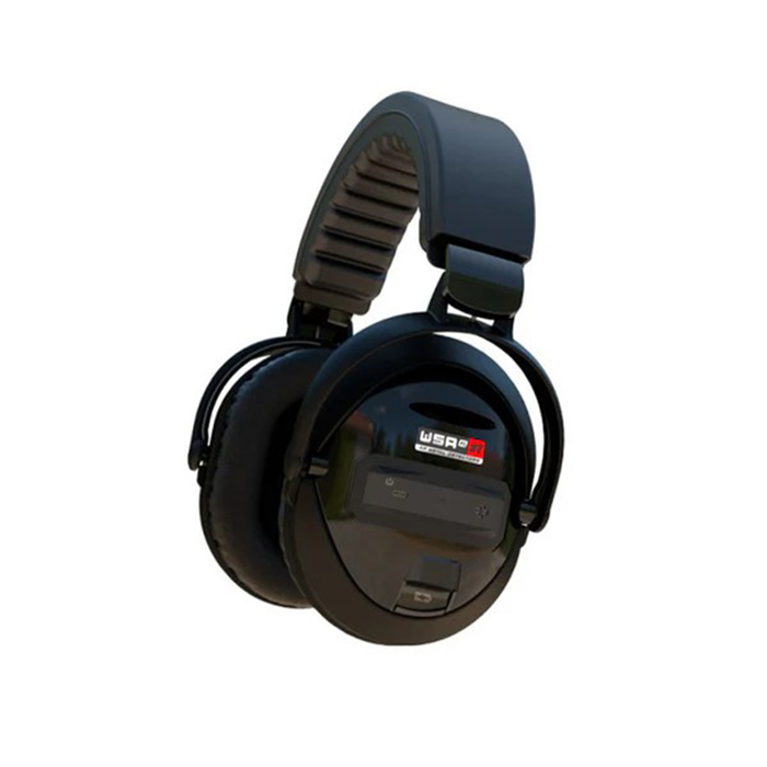 Black headphones with a visible brand logo on a white background